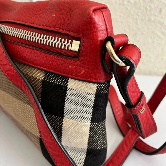 Burberry Red Leather Trim Plaid Crossbody Bag - Picture 3 of 12